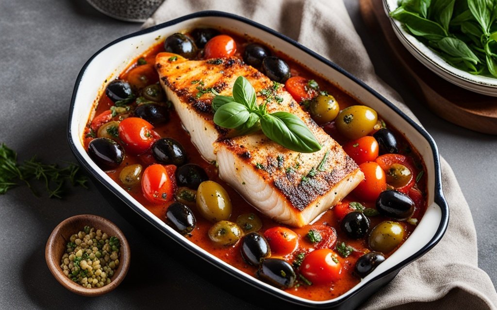 Italian baked halibut with tomato and olive sauce