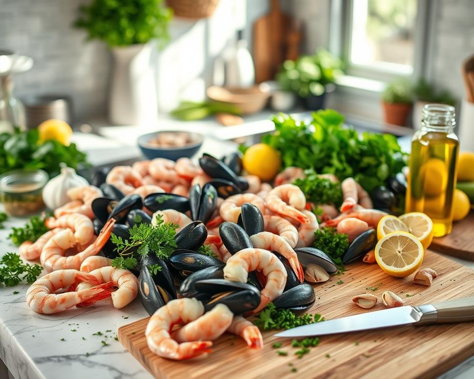 Preparing seafood for pasta